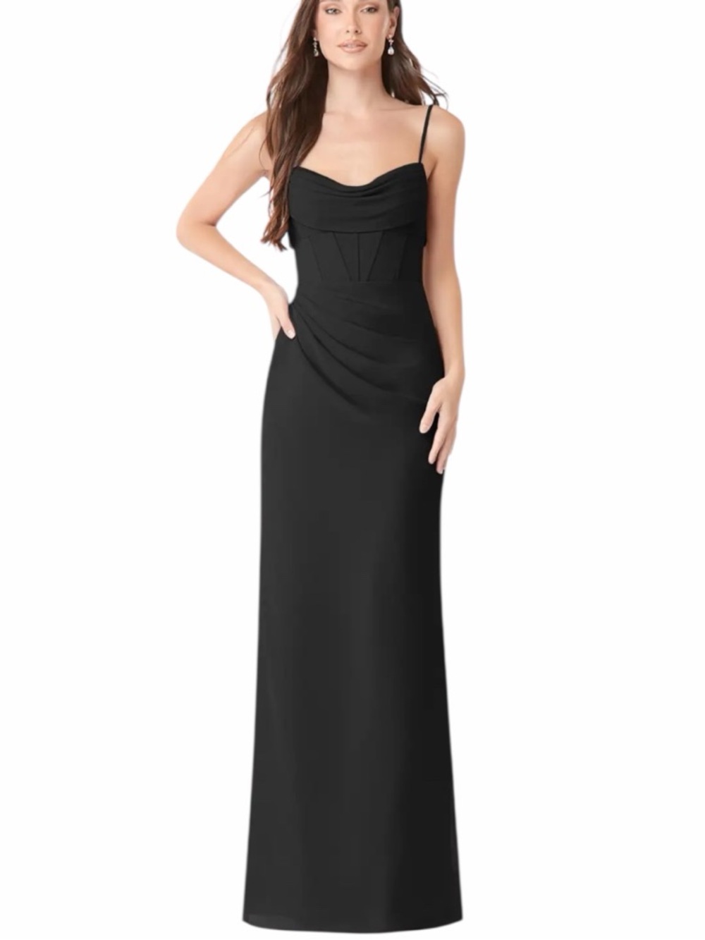 Azazie Mai Black Corset Sheath Pleated Chiffon Cowl Neck‎ Dress Gown Size 4